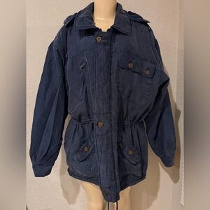 100% Silk BLUE Jacket Zip On Hood MED Oversized Zip Up Drawstring At Waist